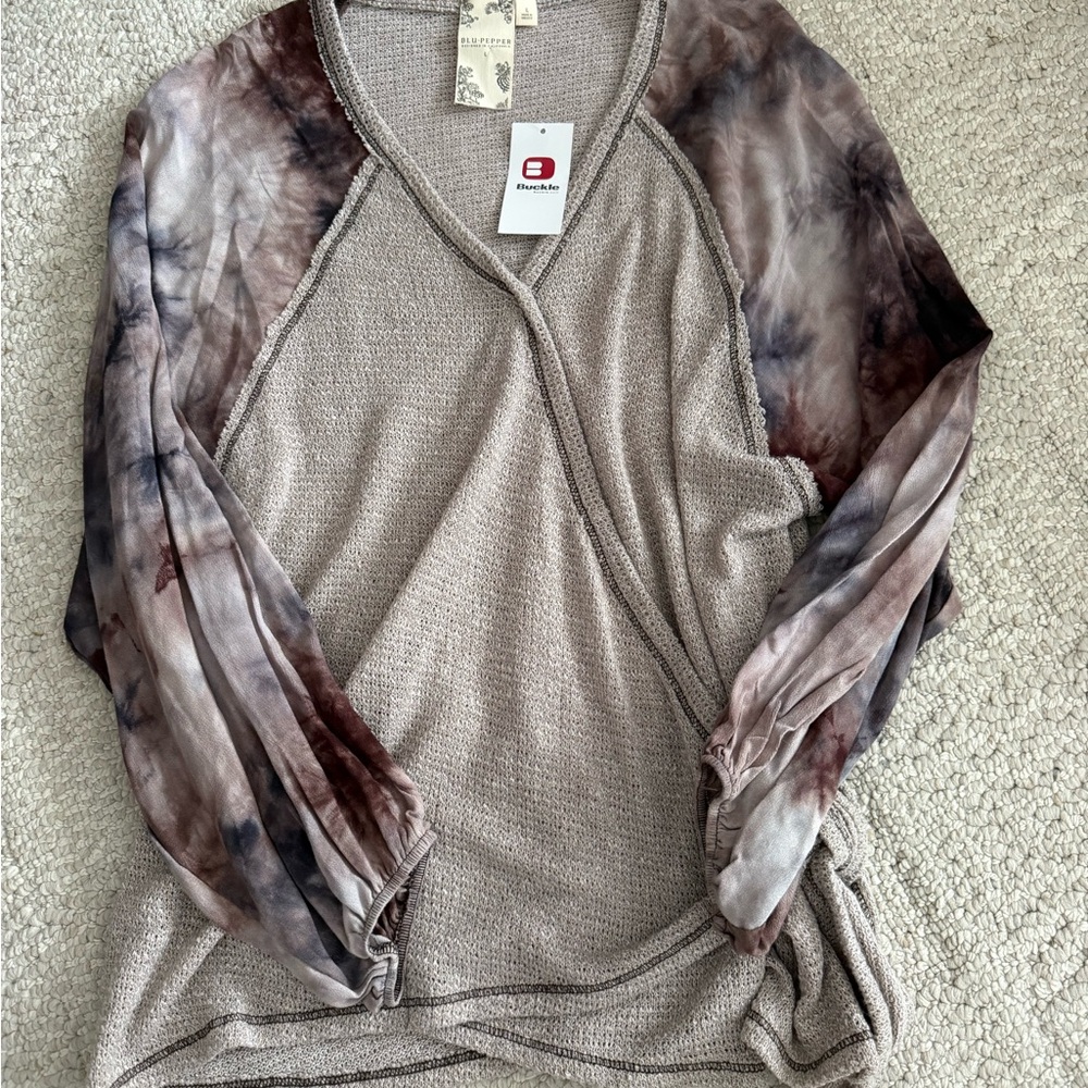 Blu Pepper Taupe Knit Top with Marbled Sheer Long Sleeves